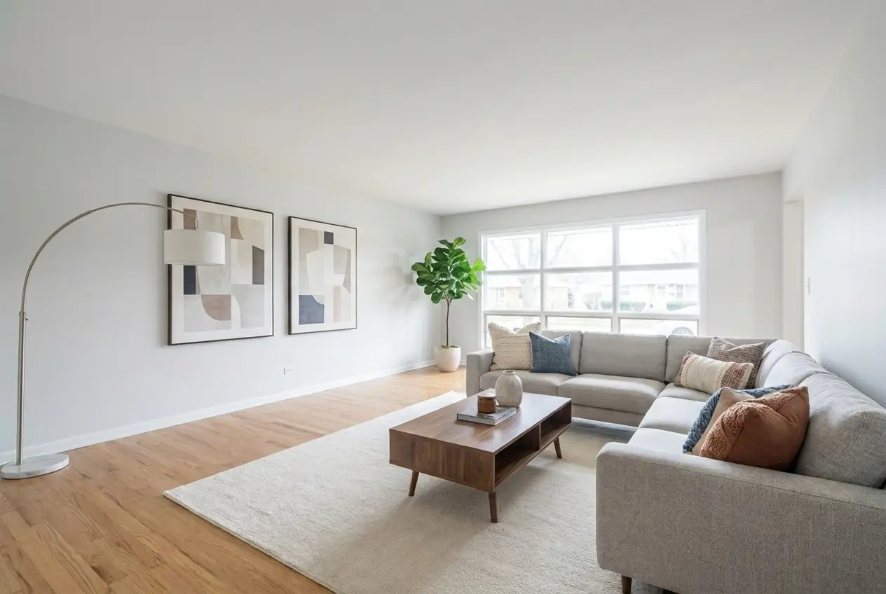 Staged living room after